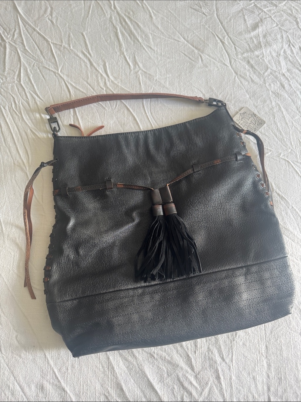Free People Black Leather Tassel Hobo Shoulder Bag with Brown Accents